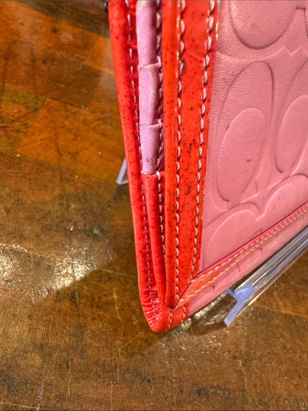 Coach Pink Signature Leather Continental Wallet with Orange Trim - Picture 6 of 14